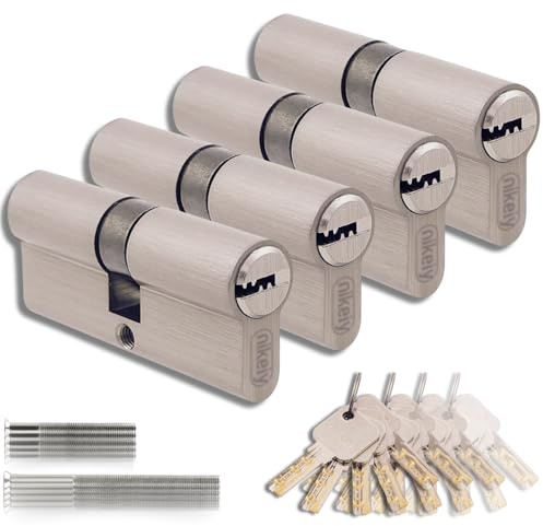 Juego de 4 cilindros para cerraduras de latón 30/30 mm, cilindro de doble cerradura, tornillos y llaves incluidas, montaje fácil, cerradura para puertas y garajes, llave única, longitud 60 mm