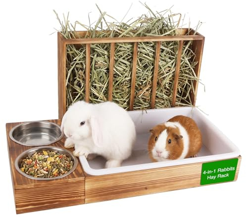 Kanin höfeeder med 2 skålar, 4-i-1 hörappa trä matdispenser, kaninoalett, för kaniner, marsvin, chinchillor, kaniner och andra små djur 54 x 36,5 x 28 cm, valnötsfärg