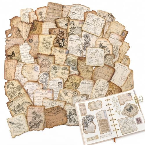 100-Piece Vintage Journaling Sticker Set, Antique Pattern Scrapbooking Accessories with Distressed Edges for Planners, Diaries & Craft Projects (Burnt Collage)
