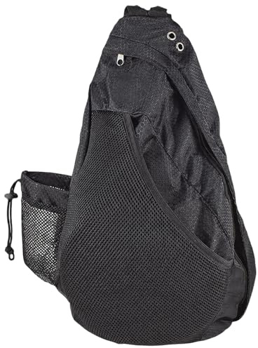 Discgolf, slingerväska, svart polyester, enkel axelväska med stort huvudfack, nätsidoficka, vattenflaskhållare, förstärkt bas, 43 x 37,6 x 17,5 cm