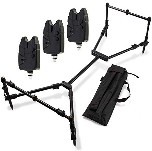 G8DS® Set Rod Pod Rutenhalter mit 3 Bank Sticks + Tragetasche inklusive 3 Bissanzeiger mit Lautstärke- und Tonregler Karpfen Angeln
