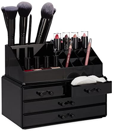 Relaxdays Make Up Organizer klein, 2-teilige Schmink Aufbewahrung Acryl, mit Lippenstifthalter und 4 Schubladen, schwarz