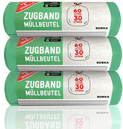 Gut & Günstig Zugband Müllbeutel 60L (30 Stück) - 3er Pack - Reißfest & Flüssigkeitsdicht (3x30 Stück)