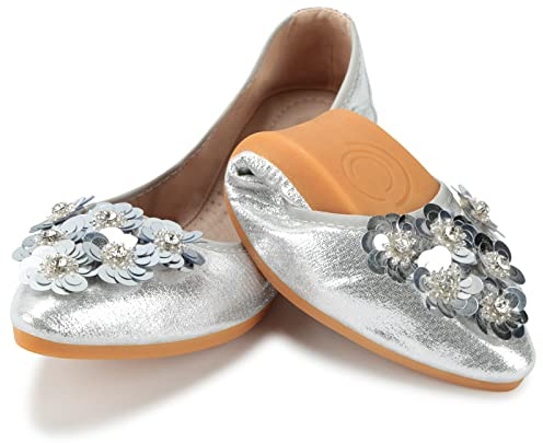 QIMAOO Ballerines plates pliables pour femme - Chaussures plates enroulables à enfiler, Paillettes argentées, 38 EU