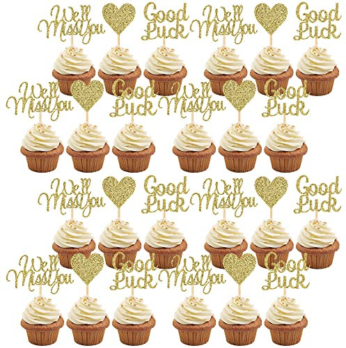 We'll Miss Your Decorations, 24 PCS We'll Miss You Cupcake Toppers, Perfect for Graduation Retirement Parties, Graduation Cake Decorations,Retirement Cake Toppers, Golden Cupcake Toppers