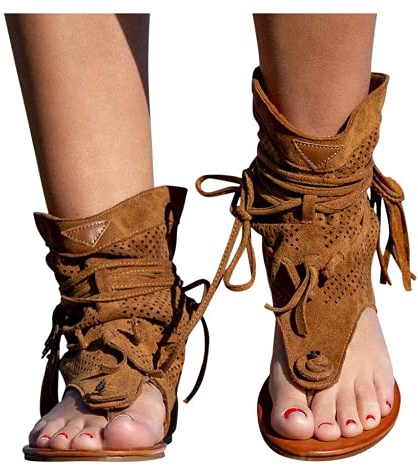 Casual Tassel Sandals for Women, Retro Bohemian Gladiator Fringe Sandals Flat Clip-Toe Flip-Flops Beach Sandals Shoes T-Strap Roman Open-Toe Sandals