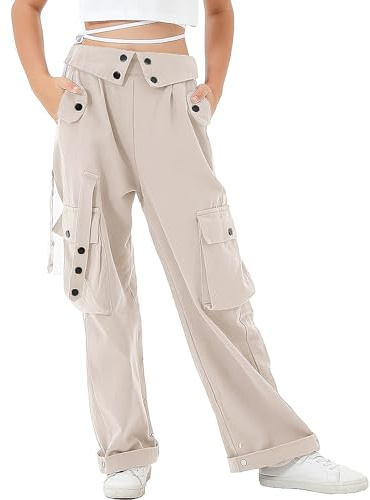 Rolanko Ragazze Pantaloni Cargo, Vita Alta Elastica con Tasche Multiple e Pantaloni a Gamba Larga per Bambini, Albicocca, Taglia:140