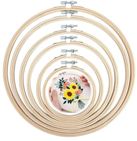 HIKPACKER Stickrahmen Set, 6 Stück Runder Stickrahmen 13cm, 15cm, 16cm, 18cm, 20cm Einstellbar Embroidery Hoop, Bambus Kreuzstich Rahmen, Holz Kreuzstich Ring für DIY Stickereien Kunsthandwerk