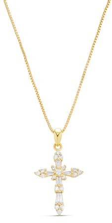 Milla 14K Gold Plated Cross Necklace for Women, Silver Cross Necklaces for Women, 18 inches Chain with Cross Pendant (Gold Baguette Cross)
