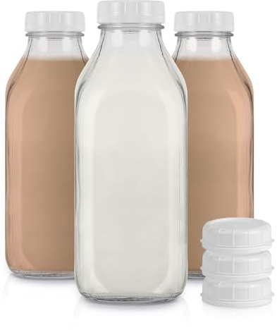 Stock Your Home Liter Glass Milk Bottle with Lid (3 Pack) 32 Oz Jugs and 6 White Caps, Reusable Food Grade Milk Container for Refrigerator, Bottles for Juice, Oat or Plant Milks, Water, Honey