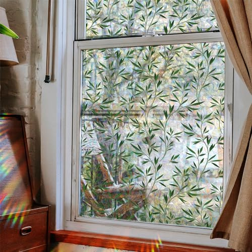 WBQMUNY Window Film,Rainbow Window Privacy Film,Green Vines Leaves Double Sided Static Glass Window Clings Stickers for Home Office Living Room Bathroom Glass Windows Door Decor17.7 x 43.3