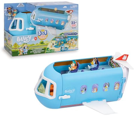 Bluey - Avion 3 en 1, Pilote et Bingo partent en Vacances et l'avion Devient Un hôtel, Un Bateau et Une Plage, 10 Accessoires Inclus, Jouet avec Sons, célébrité (BLY75000)