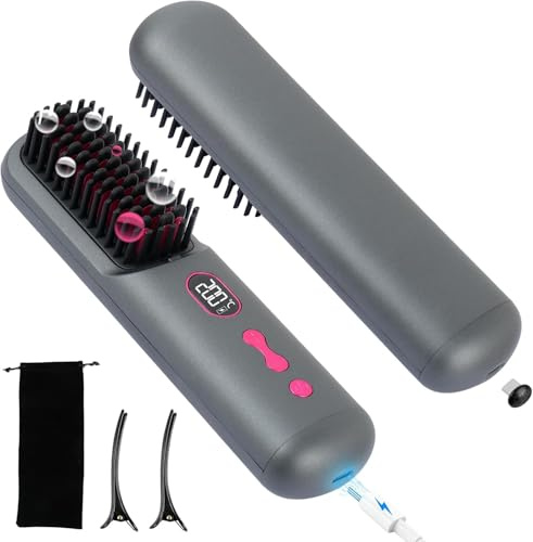 Trådlös plattång borste, 9 600 mAh bärbar uppvärmd rätningskam för resor, mini negativ jon trådlös plattång borste för kvinnor med LCD-skärm (grå)