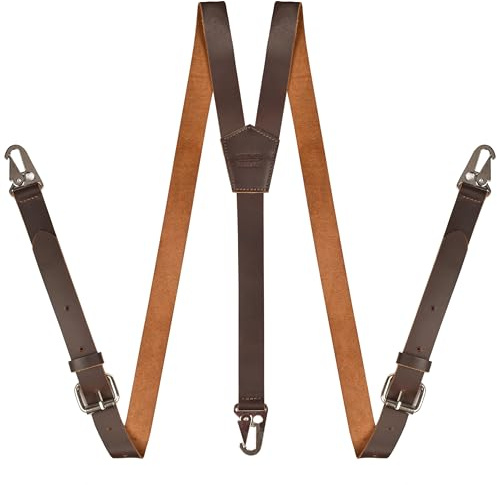 LEATHER VILLAGE Leather Suspenders for Men & Women – Adjustable Y-Back Braces with Strong Snap, Vintage Classic Look for Groomsmen Formal & Casual Wear- Brown