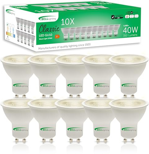 BELL Lighting GU10 Energy Saving LED Spotlight Bulbs 4.4W 350lm 10 Pack | Energy saving GU10 LED spotlight bulbs with 2700K warm white light, 350lm output and 38 degree beam for downlights.