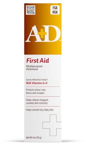 A+D First Aid Multipurpose Healing Ointment - Moisturizing Skin Protectant for Dry Cracked Heels, Elbows, Hands and Lips - Protects Minor Cuts, Burns, & Scrapes – 4 oz Tube