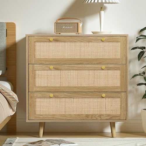 Yvsevnr Rattan Bedroom Chest of Drawers, 3 Drawer Dresser with Spacious Storage, Wood Dresser for Bedroom Hallway Living Room, Rustic Oak 80 x 40 x 91 cm