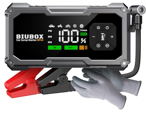 Avviatore di emergenza per auto BiuBox 8500A, avviatore batteria auto con compressore 150PSI per tutti i motori a benzina/9L diesel, booster avviamento moto portatile 12V con torcia elettrica