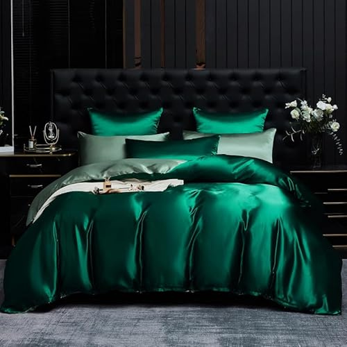 Gezu Housse de Couette Satin 220x240 Vert Foncé Parure de Lit Satin Lisse Soyeux Brillant Doux Sets de Housse de Couette 2 Personnes Linge de Lit avec 2 Taies d'oreiller 65x65cm avec Fermeture Éclair