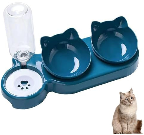 Generico Set di Ciotole per Gatti 3 in 1 Ciotole Doppie per Gatti con Bottiglia d'Acqua da 500 ml Piatti rialzati Alimentatore per Animali Domestici per, Blu Scuro