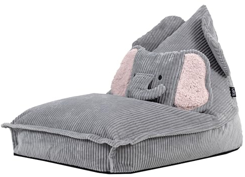 Icon Ellie Elefant Sitzsack Kinder, Grau, Flauschiger Cord Stoff, Sitzsack Cord mit Füllung, Bequemer Kinder Sessel, Kuschelsessel, Lese Sessel, Schlafzimmer, Kinderzimmer, Spielzimmer