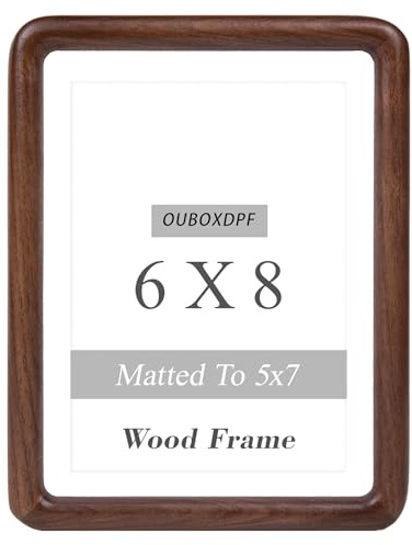 OUBOXDPF 6x8 Picture Frame Wood with Mat, Natural Solid Walnut Wooden Rounded Corner Photo Frames with Tempered Glass for Hanging or Tabletop Displaying Horizontally or Vertically