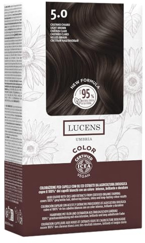 Lucens Umbria - 5.0 Castano Chiaro, Tinta per Capelli Senza Ammoniaca, Kit Colorazione Permanente Vegan con Estratti Naturali, Azione Lenitiva, Idratante e Protettiva