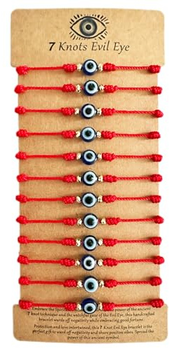 BONITTER Evil Eye Protection Bracelet Set, 12 Pack Adjustable Red 7 Knot Lucky String Amulets, Black and Pink Friendship Bracelets for Women, Men, Boys, Girls (12, Red) (Red)