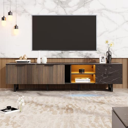 Merax TV cabinet, Black Marble TV Unit 200cm Storage Sideboard with 2 Drawers&Doors&open Shelves, Adjustable LED Lighting, 200 L x 50 H x 38 B cm