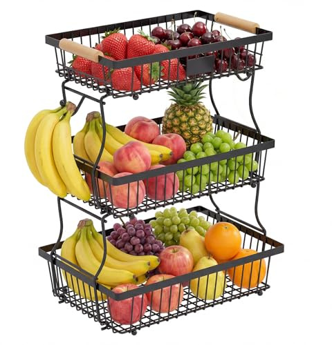 Dwitkul Frutero 3 Pisos, Fruteros de Cocina, Diseño Desmontable, Frutero para Guardar Fruta y Verdura (Negro)