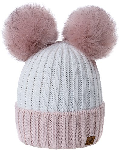 MFAZ Morefaz Ltd damer vintermössa stickad mössa mössa dubbel tofs pom pom mask SKI mössa, Powder-rosa vit, one size