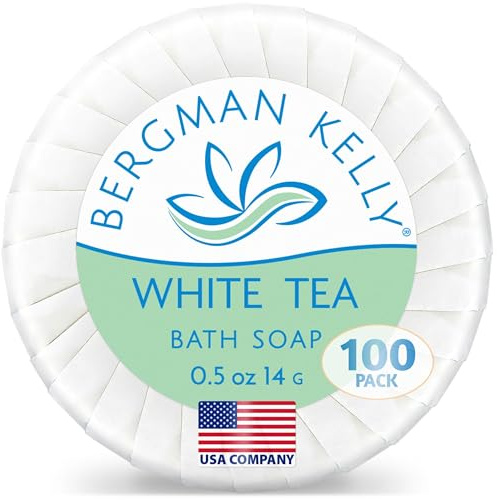 Bergman Kelly - Pastillas de jabón de hotel - Té blanco, 14 g, paquete de 100 - Pastilla de jabón de lujo tamaño de viaje - Minijabón redondo envuelto individualmente