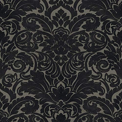 Neobarock Tapete in Schwarz Grau | Vlies Barocktapete mit Samt Ornament in Anthrazit | Elegante Flock Wandtapete mit Barock Muster für Wohnzimmer