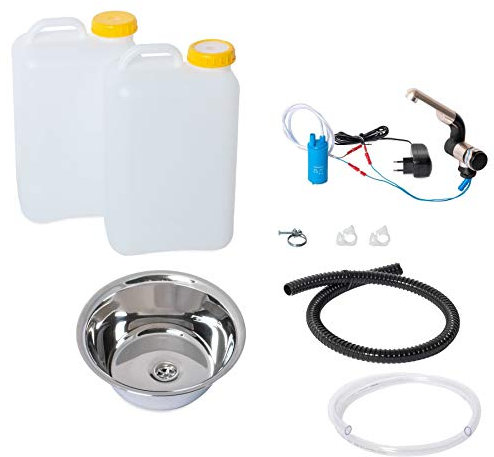 Wasseranlage Imbisswagen Verkaufsanhänger Campingküche 230v Bausatz Spüle 32cm (320mm) + Wasserhahn Barwig Chrom Wasserkanister 19Liter (ad-ideen)