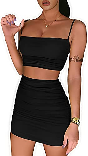 Zesoyne Women 2 Piece Set Cami Crop Top Mini Skirt | Matching Outfits, Spaghetti Strap, Ruched, Bodycon Fit, Short Skirts, Sexy Clubwear for Night Out