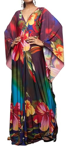 Bsubseach Plus Size Caftan Dresses for Women Swimsuit Cover Up Batwing Sleeve Summer Maxi Kaftan Dress Colorful Floral