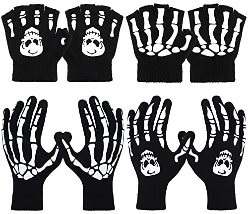Bencailor 4 Pairs Kids Skeleton Fingerless Gloves Glow in The Dark Luminous Knit Skull Winter Warm Gloves,11-15 Years
