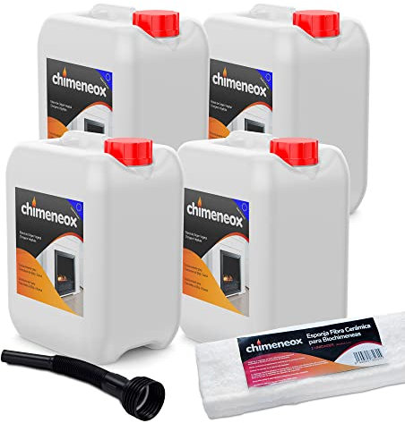 4 x 5L Bioetanol 96% para chimeneas de Chimeneox (con Embudo) + 2 x Esponja Fibra Cerámica