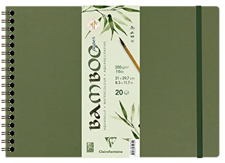 Clairefontaine 975930C - Bamboo Spiral-bound Notebook - 20 Sheets of Watercolour Paper, Natural White, Vegan - Finely Marked Grain, A4 21x29.7 cm, 250g