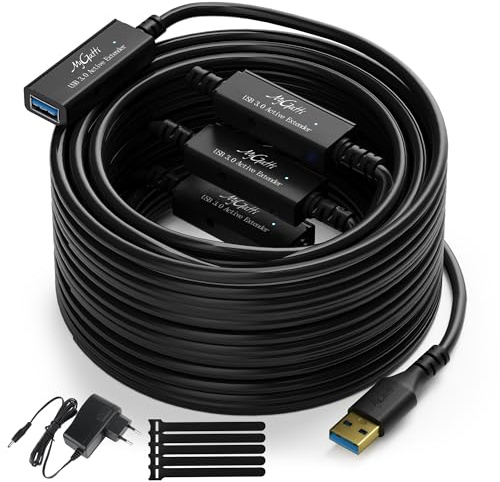 Mygatti 30 metros Cable de extensión activa USB 3.0,USB tipo A 5 Gbps macho a hembra,22 AWG,con 4 amplificadores de señal y enchufe de alimentación de CC,Cable repetidor,con 5 bridas