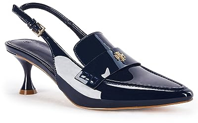 Coutgo Women's Pointed Toe Sandals Slingback Kitten Heel Pumps Slip On Ankle Buckle Dress Shoes, Navy, Size 8.5