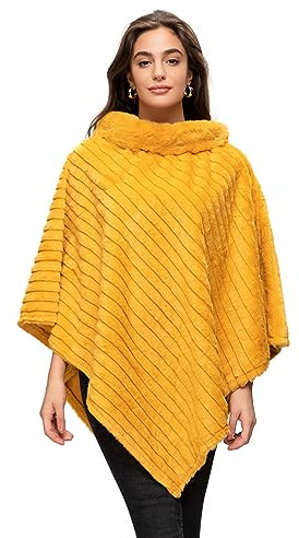 Glamexx24 Dam elegant vinterpäls-poncho med rund hals, tjock kappa av varm stickad päls, Kamel, One Size