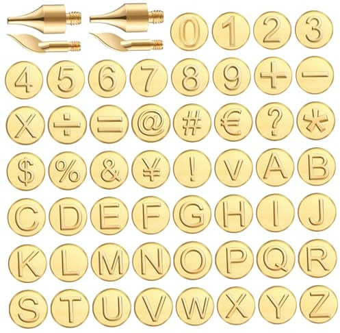 Lot de 56 Outils de Pyrogravure sur Bois avec Pointe de Combustion, Lettres, Alphabet et Chiffres pour Brûleur, Loisirs Créatifs, Gaufrage, Sculpture
