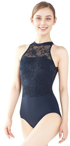 s.lemon Maillot Ballet Mujer,Sin Mangas Cuello Alto Encajes Maillot Baile Gimnasia Marina 160