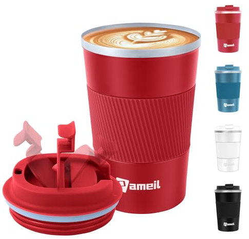 Pameil Thermobecher Kaffeebecher to go 380ml Edelstahl Kaffee to go Becher Thermo, Vakuum auslaufsicher Isolierbecher mit Deckel, Autobecher doppelwandig (Rot)