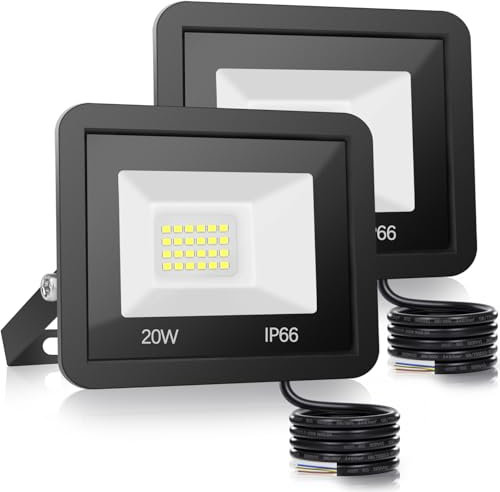 Ddlisu LED Floodlight Outdoor 20W, 2000LM LED Security Lights with 1M Wire, Waterproof IP66 Wall Light Work Lighting, Cold White 6000K Outdoor Lights for Warehouse, Garden, Backyard and More, 2 Pack