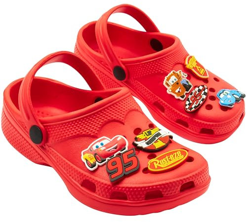 Get Trend Disney Cars Hausschuhe Kinder Junge mit abnehmbaren Charms und Fersenriemen Garten Clogs Pantoletten Kinderhausschuhe (29 EU, Rot Cars)