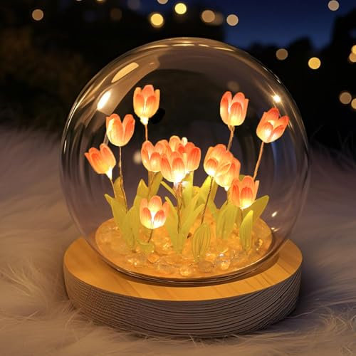 Mors dagspresenter till mamma från dotter son – tulpaner blomlampa gåvor för flickvän fru, tulpaner konstgjorda blommor nattlampa, sovrumsdekor för kvinnor, lyser upp rosa tulpan i en glaskupol
