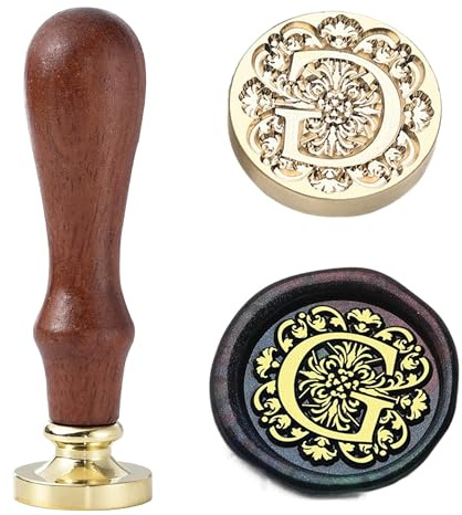 Kit de Cachet de Cire Ychostamp - Cachet en Cire pour Sceau Initial, Sceau en Laiton Baroque de 25mm/0,98 Pouce, Tampons Alphabet avec Manche (Lettre G)