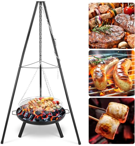 TLSUNNY Schwenkgrill mit Feuerschale, Dreibein Grill mit Feuerschale und 200 cm Höhenverstellbarer Kette, Ø68 cm Feuerkorb mit Griff, Outdoor BBQ Feuerstelle zum Grillen und Heizen